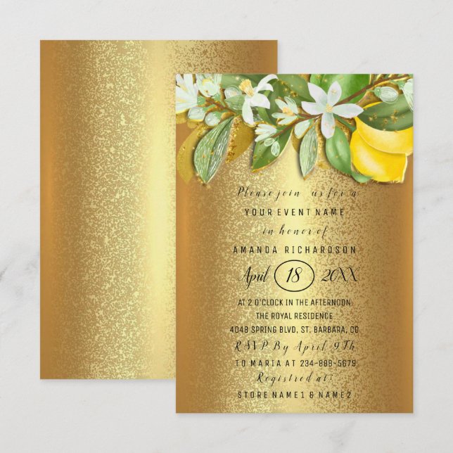 Bridal Shower Flower Brunch Lemon Tree Gold  Invitation (Front/Back)