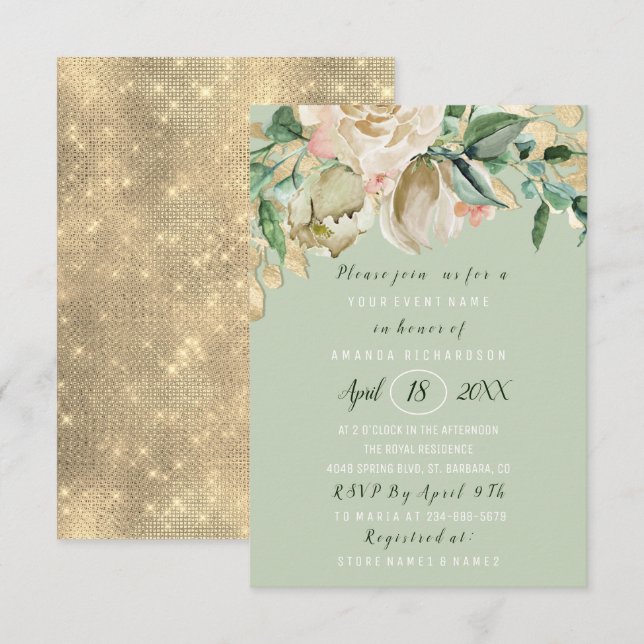 Bridal Shower Flower Brunch Mint Green Gold Roses Invitation (Front/Back)