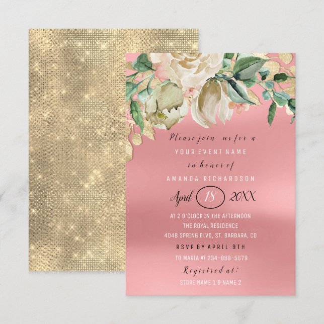 Bridal Shower Flower Brunch Spark Gold Pink Invitation (Front/Back)
