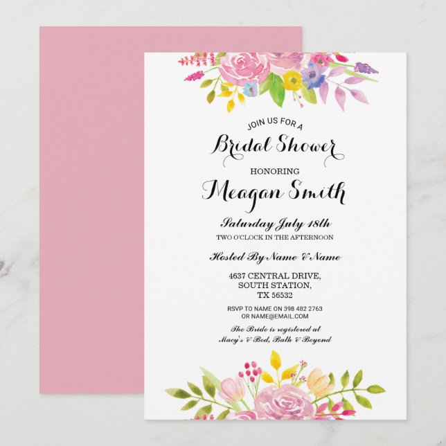 Bridal Shower Flowers Pink Pretty Invitations (Front/Back)