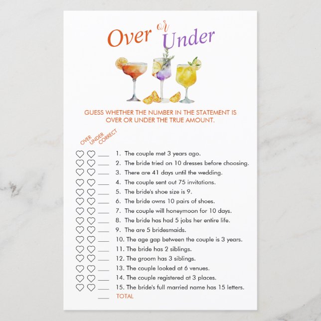 Bridal Shower Fruity Drinks Over or Under Game (Front)