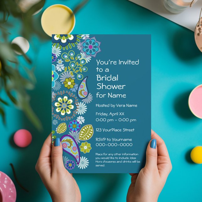 Bridal Shower - Fun Floral Pattern - teal blue Invitation (Funky Floral Bridal Shower Invitation - Retro Flowers and Deep Colors)