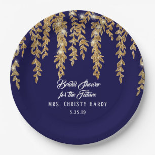 Bridal Shower Future Mrs. Navy Gold Willow Leaf Paper Plate