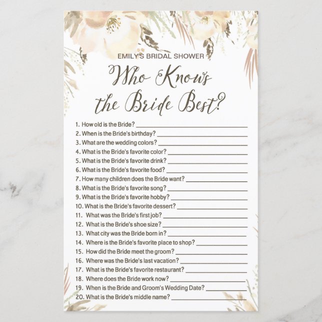 Bridal Shower Game (Front)