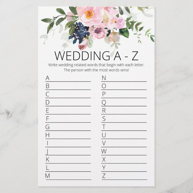 Bridal Shower Game A to Z Card (Front)