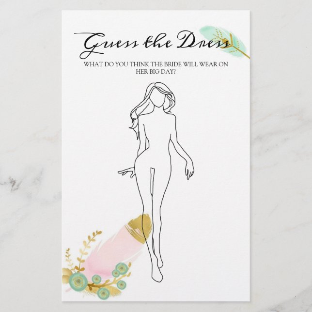 Bridal Shower Game Boho Feathers Guess the Dress Flyer (Front)