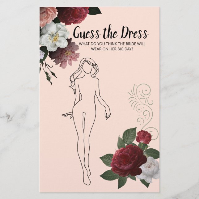 Bridal Shower Game Burgundy Pink Guess the Dress F Flyer (Front)