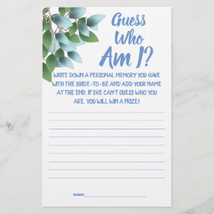 Bridal Shower Game Card Guess Who am I?