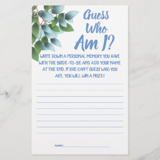 Bridal Shower Game Card Guess Who am I? 