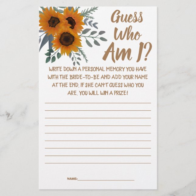 Bridal Shower Game Card Guess Who am I?  (Front)