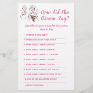  Bridal Shower Game Card What did the Groom Say 