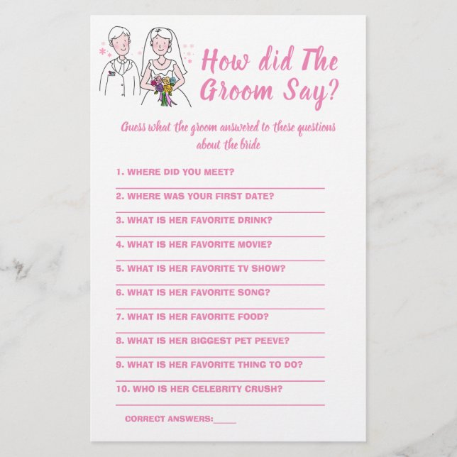  Bridal Shower Game Card What did the Groom Say  (Front)