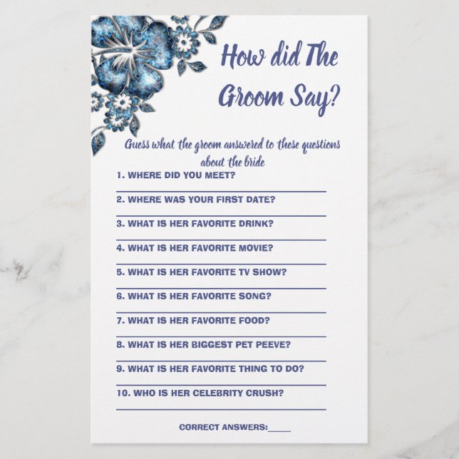  Bridal Shower Game Card What did the Groom Say (Front)