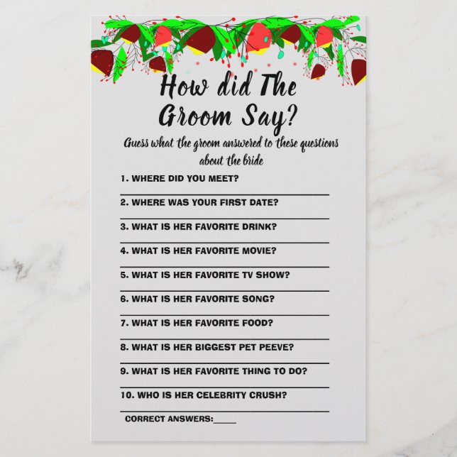  Bridal Shower Game Card What did the Groom Say  F (Front)