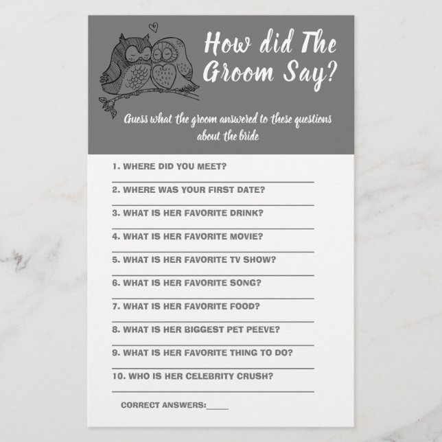  Bridal Shower Game Card What did the Groom Say  F (Front)