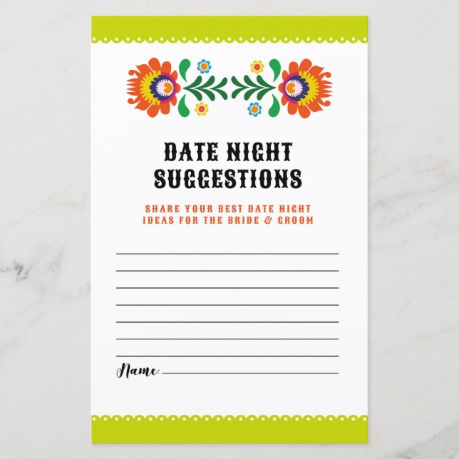 Bridal Shower Game Date Night Suggestions Fiesta (Front)