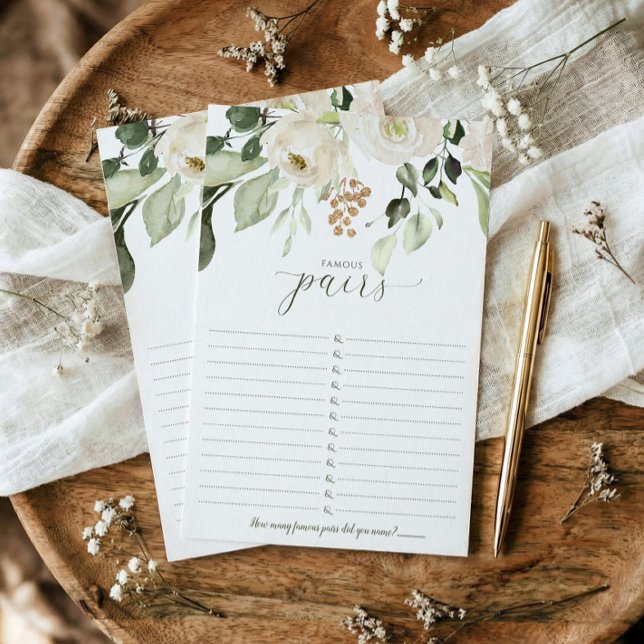 Bridal Shower Game Famous Couples - Famous Pairs I (Famous couples printed bridal shower game - elegant white watercolor floral sage greenery)