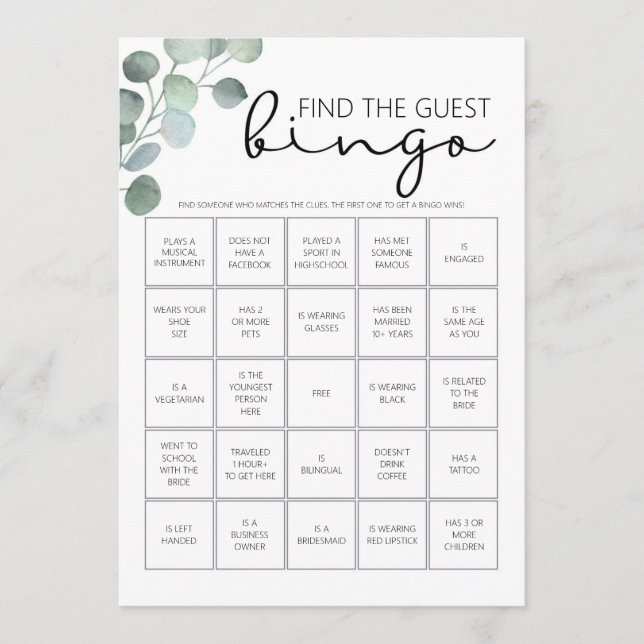 Bridal Shower Game-Find the Guest Bingo Program (Front)
