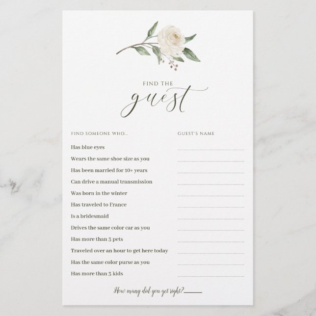 Bridal Shower Game - Find the Guest White Floral  (Front)