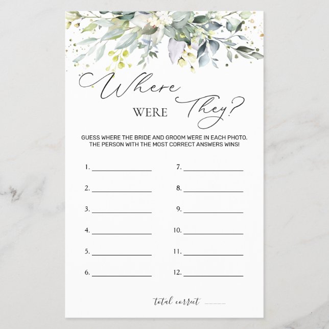 Bridal Shower Game Greenery Where Were They  Flyer (Front)