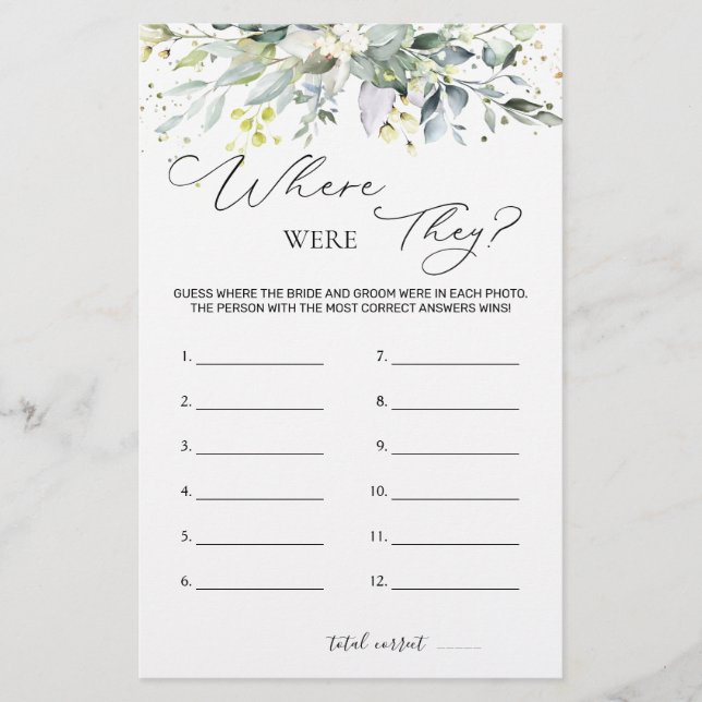 Bridal Shower Game Greenery Where Were They  Stationery (Front)