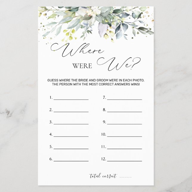 Bridal Shower Game Greenery Where Were We Flyer (Front)