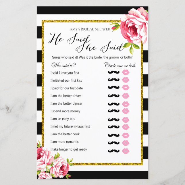Bridal Shower Game - He Said She Said (Front)