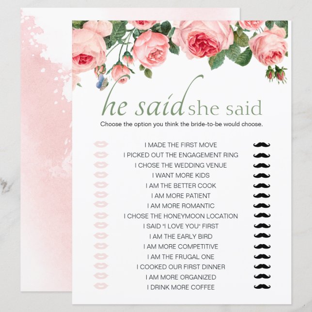Bridal Shower Game He Said She Said Blushing Pink  (Front/Back)