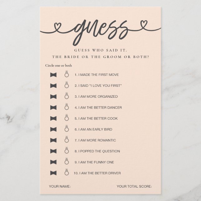 Bridal Shower Game He Said She Said Guess (Front)