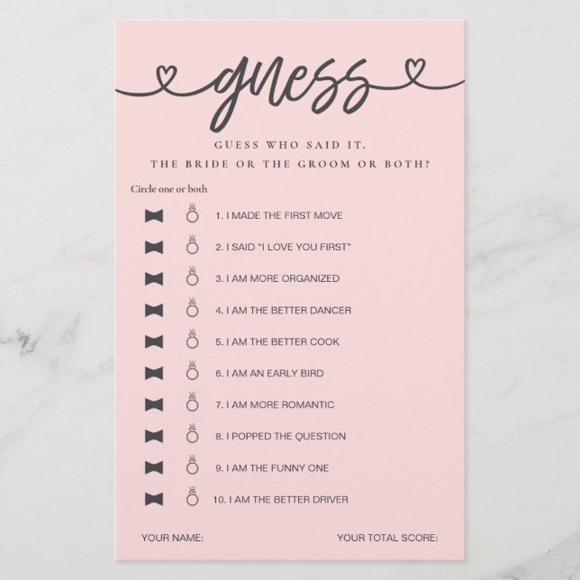 Bridal Shower Game He Said She Said Guess (Front)