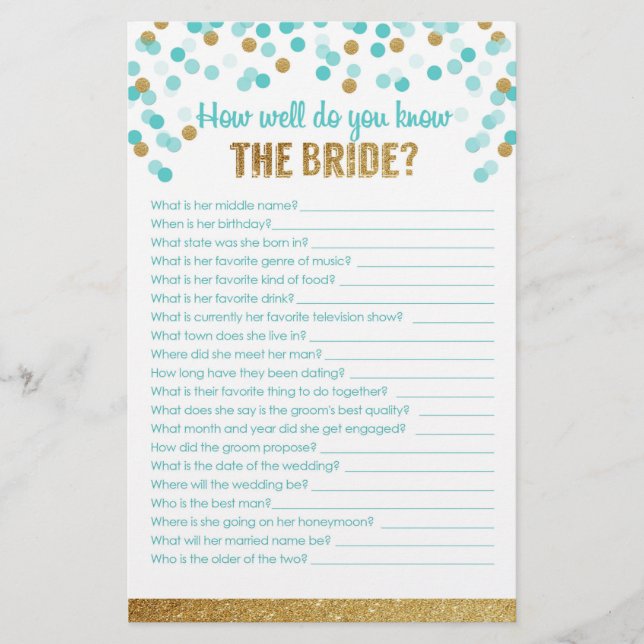 Bridal Shower Game How well do you know the bride? (Front)