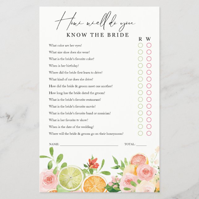 Bridal Shower Game Know the Bride Citrus floral Flyer (Front)