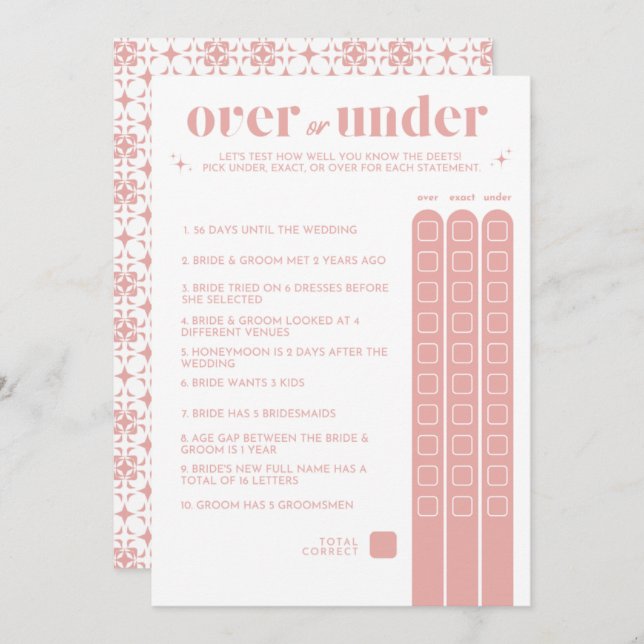 Bridal Shower Game - Over or Under Program (Front/Back)