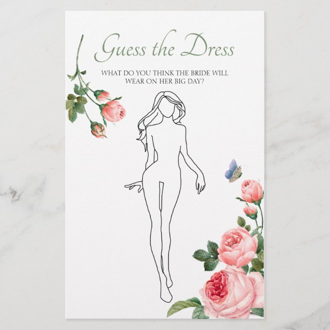 Bridal Shower Game Pink Roses Guess the Dress Card (Front)
