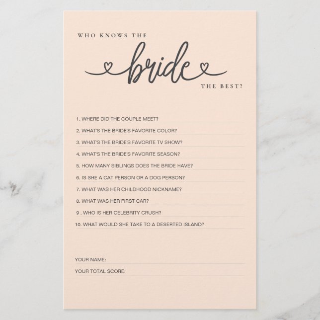 Bridal Shower Game Who Knows the Bride the Best? (Front)