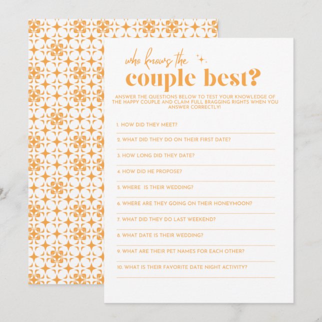 Bridal Shower Game - Who Knows the Couple Best Program (Front/Back)