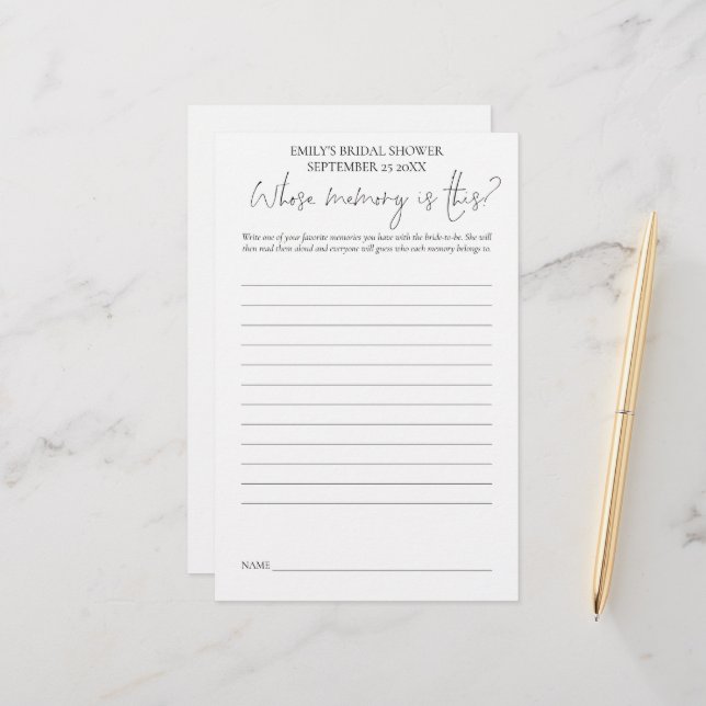 Bridal Shower Game Whose Memory Black Text White (Front/Back In Situ)