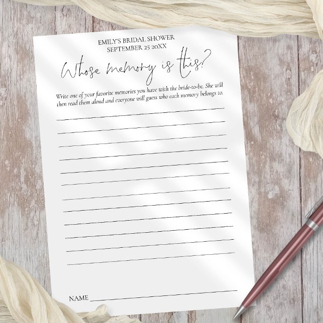 Bridal Shower Game Whose Memory Black white Card (Available digitally or printed)