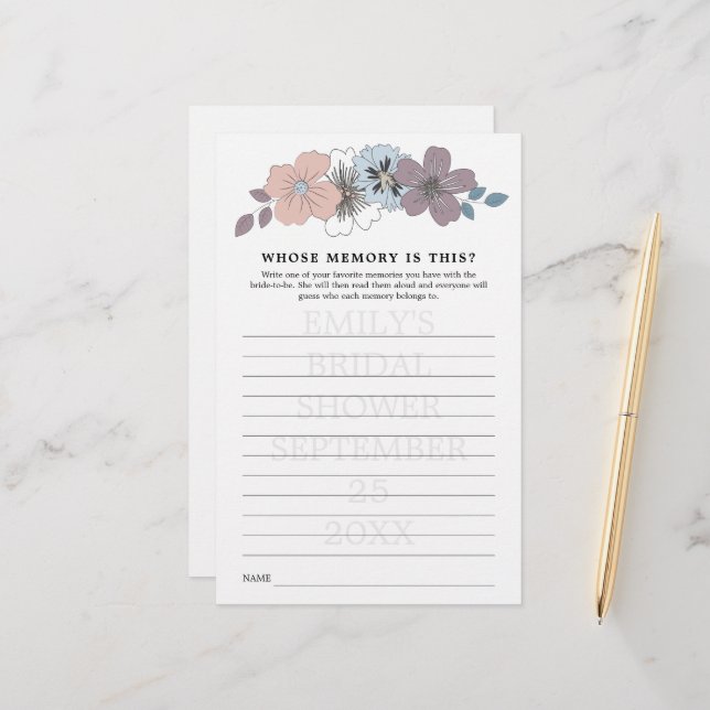 Bridal Shower Game Whose Memory Blue Pink Florals (Front/Back In Situ)