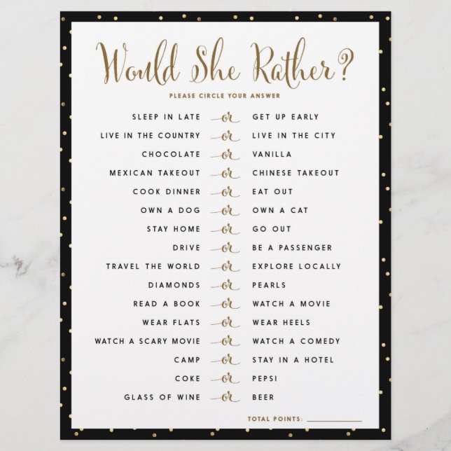 Bridal Shower Game | Would She Rather (Front)
