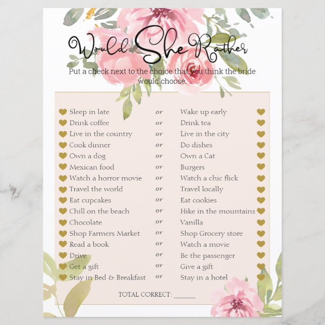 Bridal Shower Game Would She Rather Blush Floral (Front)