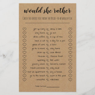 Bridal Shower Game Would She Rather Card