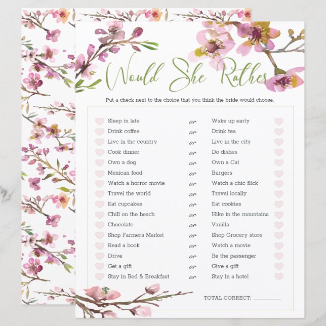 Bridal Shower Game Would She Rather Cherry Blossom (Front/Back)