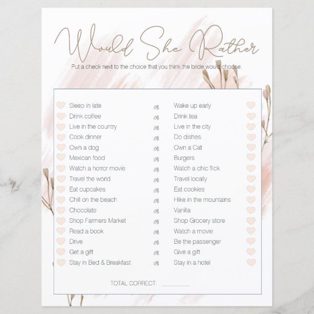 Bridal Shower Game Would She Rather Modern Boho (Front)