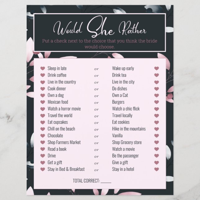 Bridal Shower Game Would She Rather Pink Navy (Front)