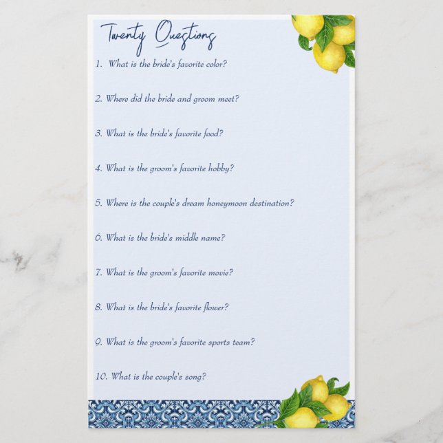 Bridal shower games 20 questions game stationery (Front)