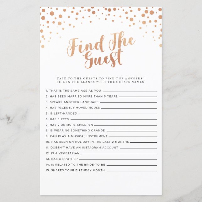 Bridal Shower Games Find The Guest Game Rose Gold (Front)