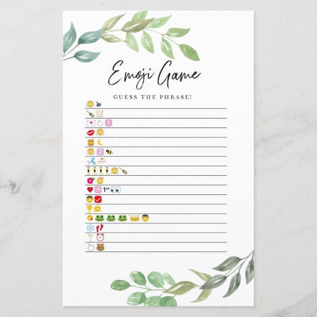 Bridal Shower Games Guess the Emoji Game Greenery (Front)