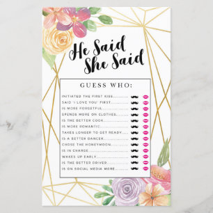 Bridal Shower Games He Said She Said Game Floral