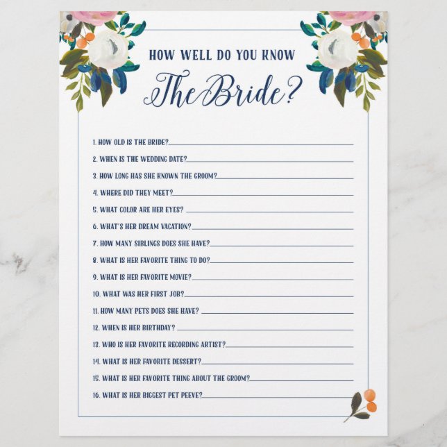 Bridal Shower Games How Well Do You Know The Bride (Front)